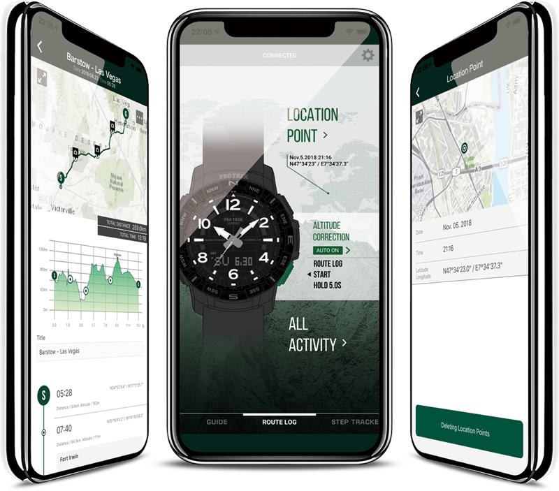 Três smartphones com diferentes ecrãs da aplicação Pro Trek Connected
