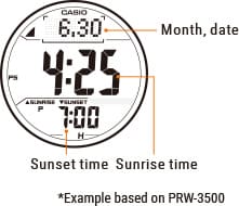 Ecrã do relógio para atividades ao ar livre PRW.350 com indicação da data, hora do nascer e do pôr do sol
