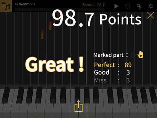 Pontuação obtida com o aprendizado usando o aplicativo CASIO Music Space.