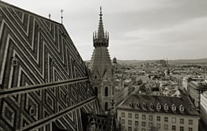 Fotografia a preto e branco com vista para os telhados de Viena