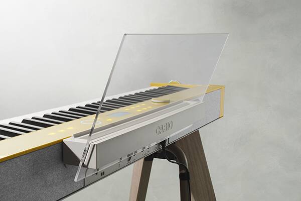 Detalhe da estante de partitura em acrílico transparente do PX-S7000.
