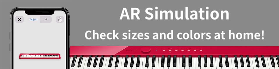 Ao lado de um smartphone e de um teclado vermelho, está escrito “AR Simulation - Check sizes and colors at home!" A imagem remete para a página de visão geral “Instrumentos musicais electrónicos - AR