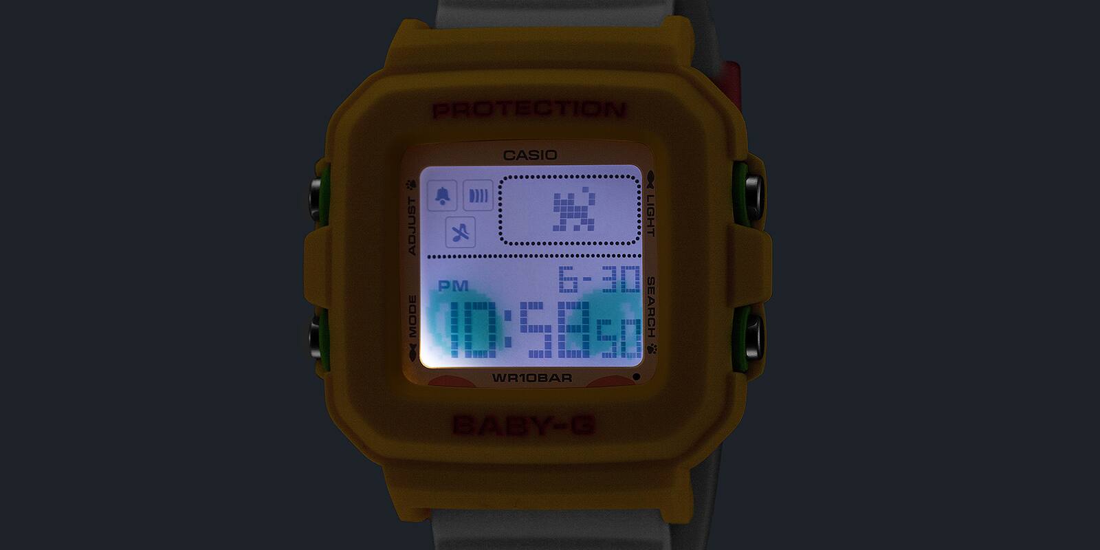 Mẫu CASIO BABY-G x POP MART (BGD-10KPM-7) có đèn nền LED hiển thị hình ảnh đôi mắt xanh của Baby Molly.